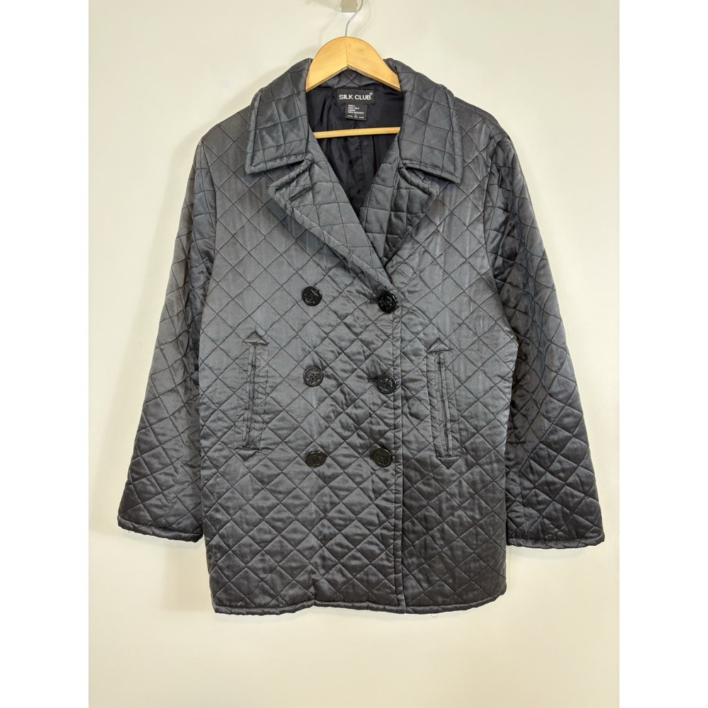Vtg Silk Club 100% Silk Mens Sz L Double-Breasted Quilted Black Jacket Peacoat